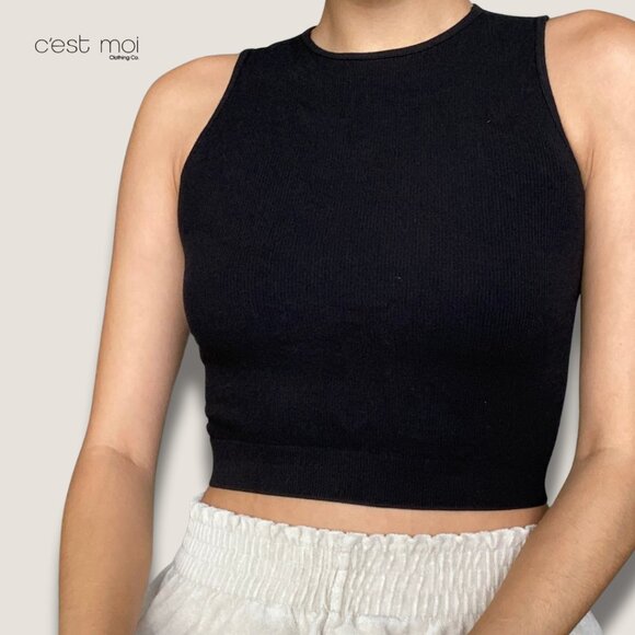 Black Ribbed Crop Top - Picture 1 of 4